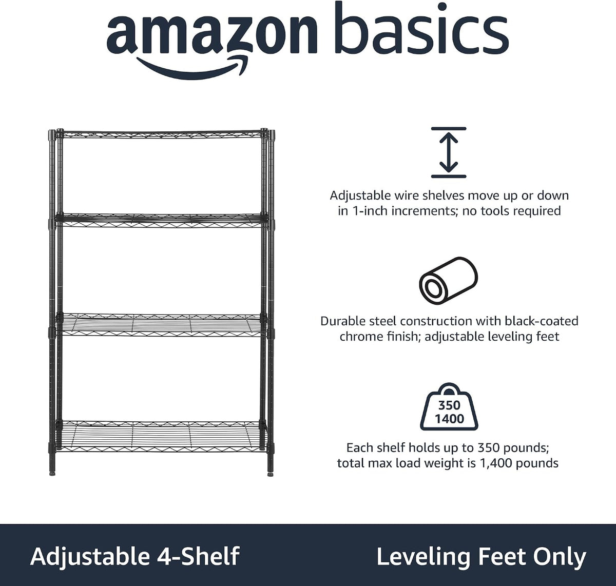 5-Shelf Adjustable Heavy Duty Steel Wire Rack, Space Saving Storage Shelving Organizer for Kitchen, Garage, No-Tool Assembly, 350 lbs Weight Capacity, 36" x 14" x 72", Chrome