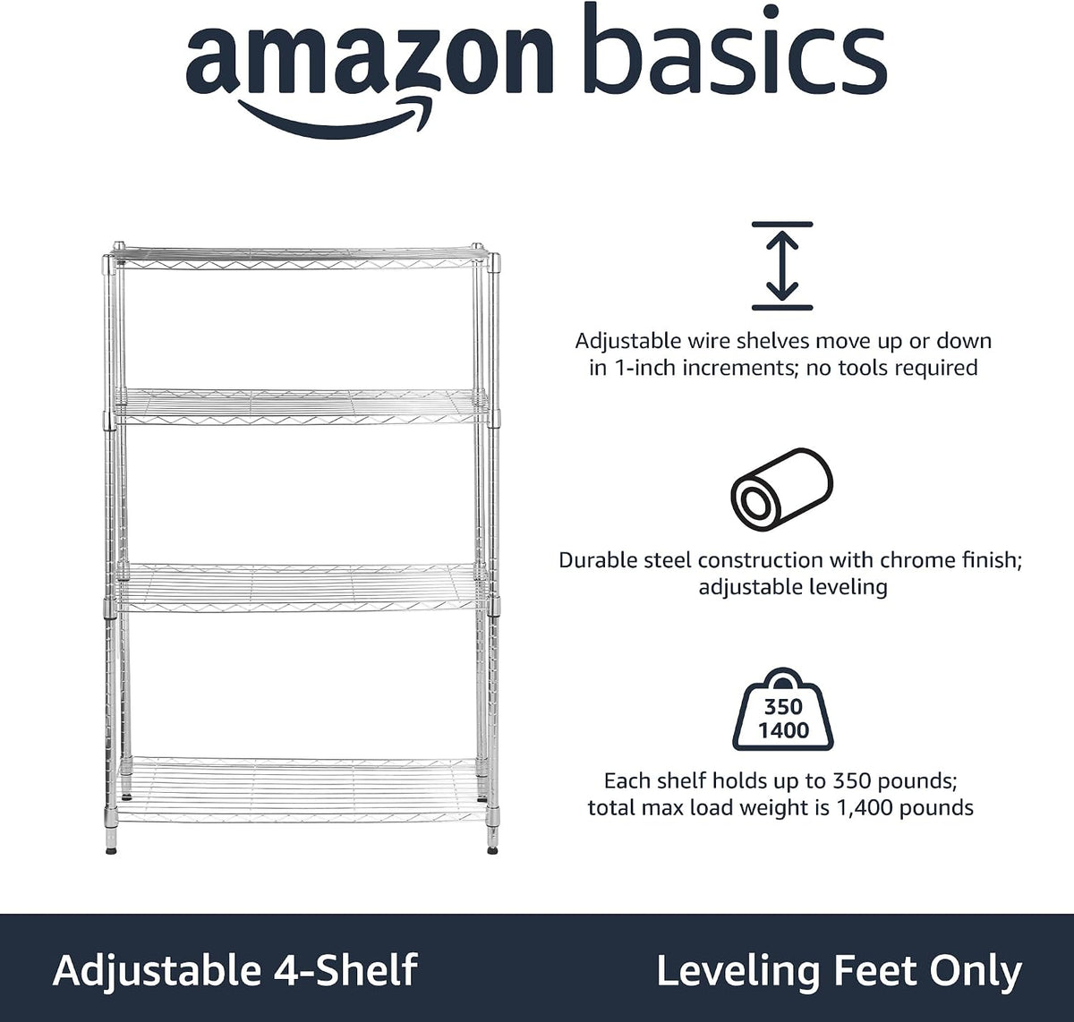 5-Shelf Adjustable Heavy Duty Steel Wire Rack, Space Saving Storage Shelving Organizer for Kitchen, Garage, No-Tool Assembly, 350 lbs Weight Capacity, 36" x 14" x 72", Chrome