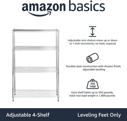 5-Shelf Adjustable Heavy Duty Steel Wire Rack, Space Saving Storage Shelving Organizer for Kitchen, Garage, No-Tool Assembly, 350 lbs Weight Capacity, 36" x 14" x 72", Chrome