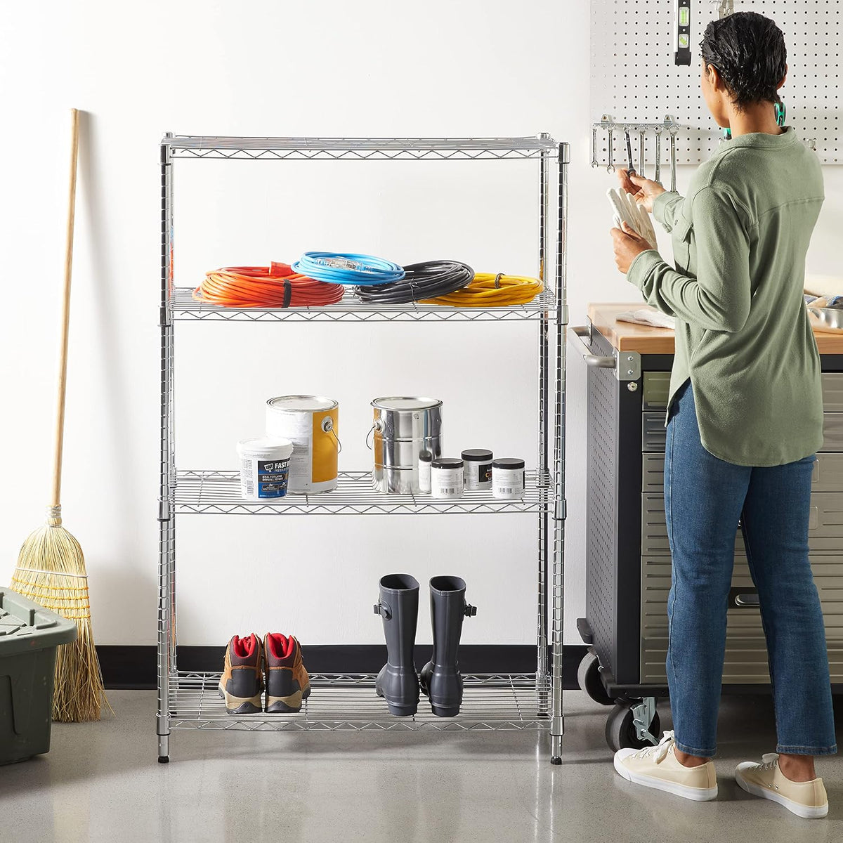 5-Shelf Adjustable Heavy Duty Steel Wire Rack, Space Saving Storage Shelving Organizer for Kitchen, Garage, No-Tool Assembly, 350 lbs Weight Capacity, 36" x 14" x 72", Chrome