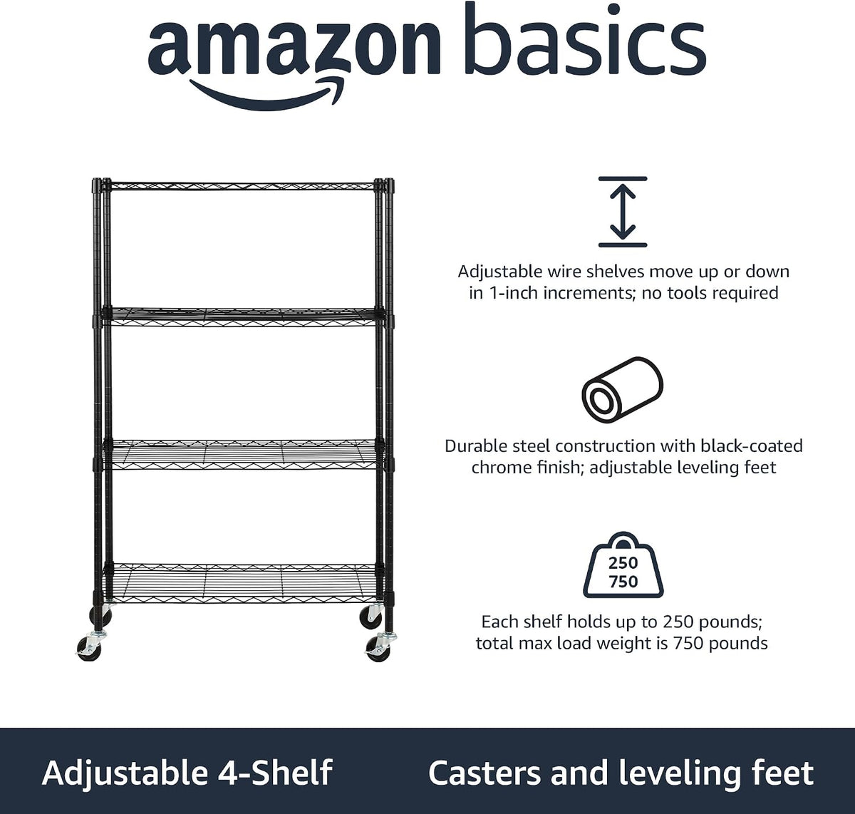 5-Shelf Adjustable Heavy Duty Steel Wire Rack, Space Saving Storage Shelving Organizer for Kitchen, Garage, No-Tool Assembly, 350 lbs Weight Capacity, 36" x 14" x 72", Chrome