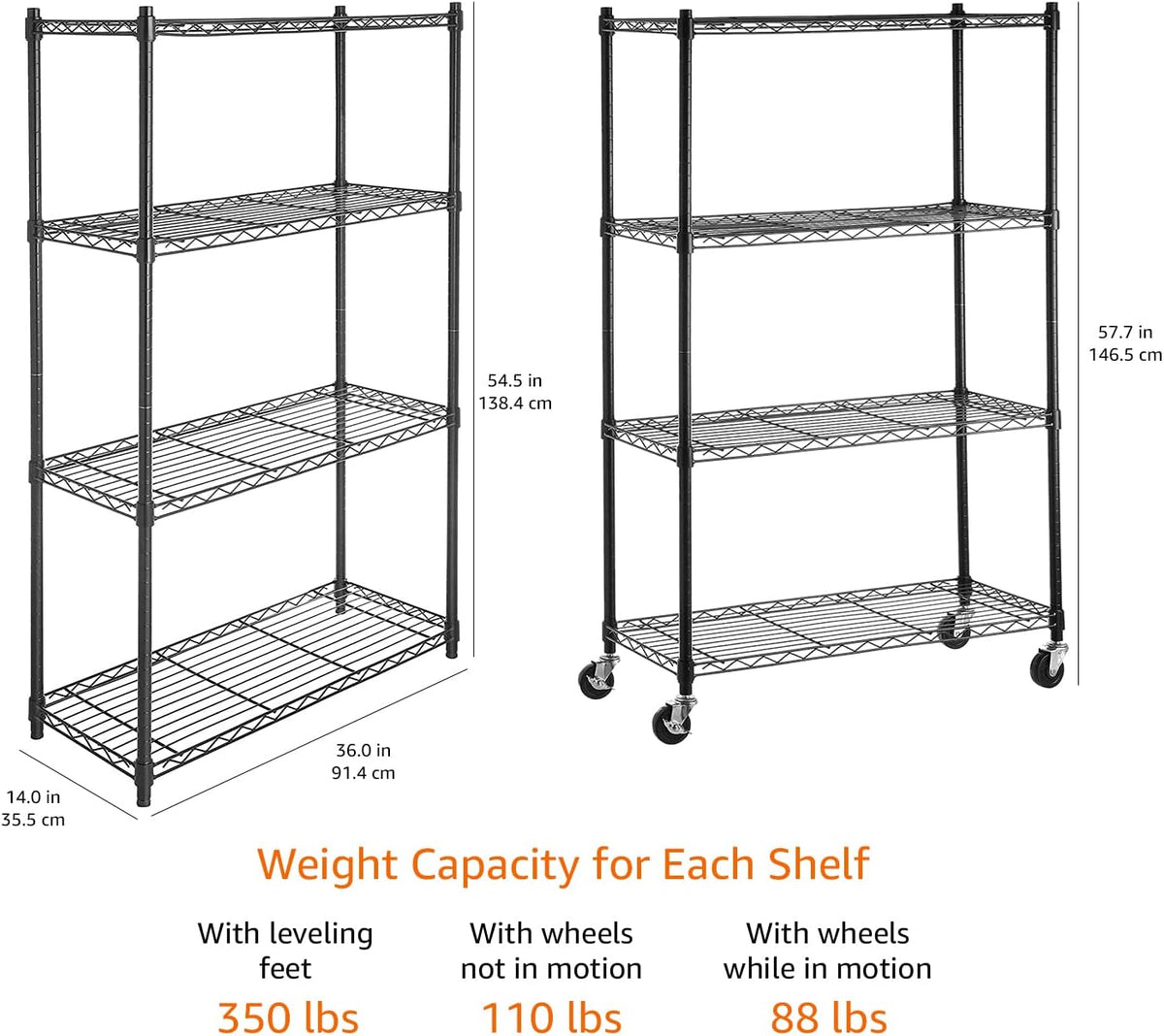 5-Shelf Adjustable Heavy Duty Steel Wire Rack, Space Saving Storage Shelving Organizer for Kitchen, Garage, No-Tool Assembly, 350 lbs Weight Capacity, 36" x 14" x 72", Chrome