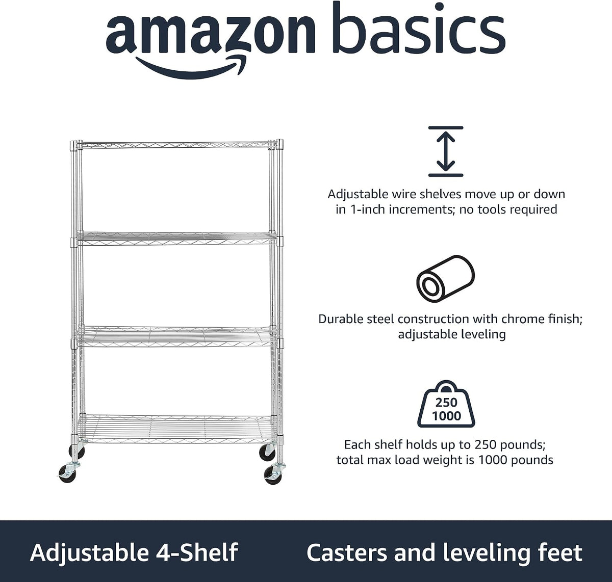 5-Shelf Adjustable Heavy Duty Steel Wire Rack, Space Saving Storage Shelving Organizer for Kitchen, Garage, No-Tool Assembly, 350 lbs Weight Capacity, 36" x 14" x 72", Chrome