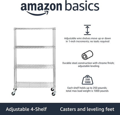5-Shelf Adjustable Heavy Duty Steel Wire Rack, Space Saving Storage Shelving Organizer for Kitchen, Garage, No-Tool Assembly, 350 lbs Weight Capacity, 36" x 14" x 72", Chrome