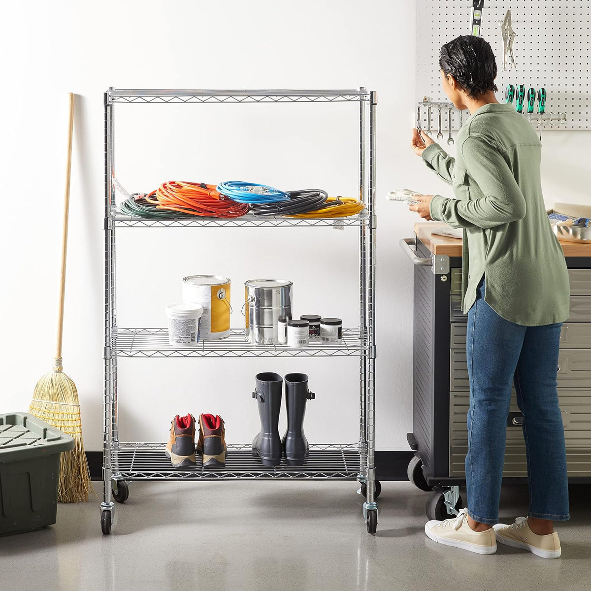 5-Shelf Adjustable Heavy Duty Steel Wire Rack, Space Saving Storage Shelving Organizer for Kitchen, Garage, No-Tool Assembly, 350 lbs Weight Capacity, 36" x 14" x 72", Chrome