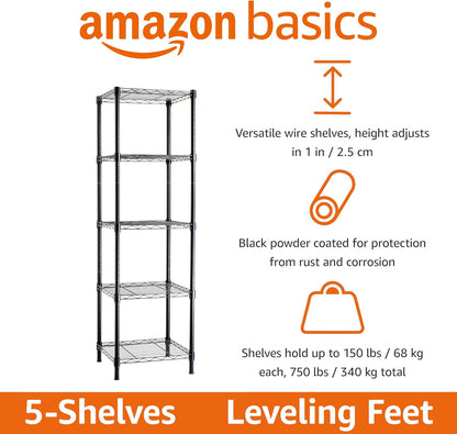 5-Shelf Adjustable Heavy Duty Steel Wire Rack, Space Saving Storage Shelving Organizer for Kitchen, Garage, No-Tool Assembly, 350 lbs Weight Capacity, 36" x 14" x 72", Chrome