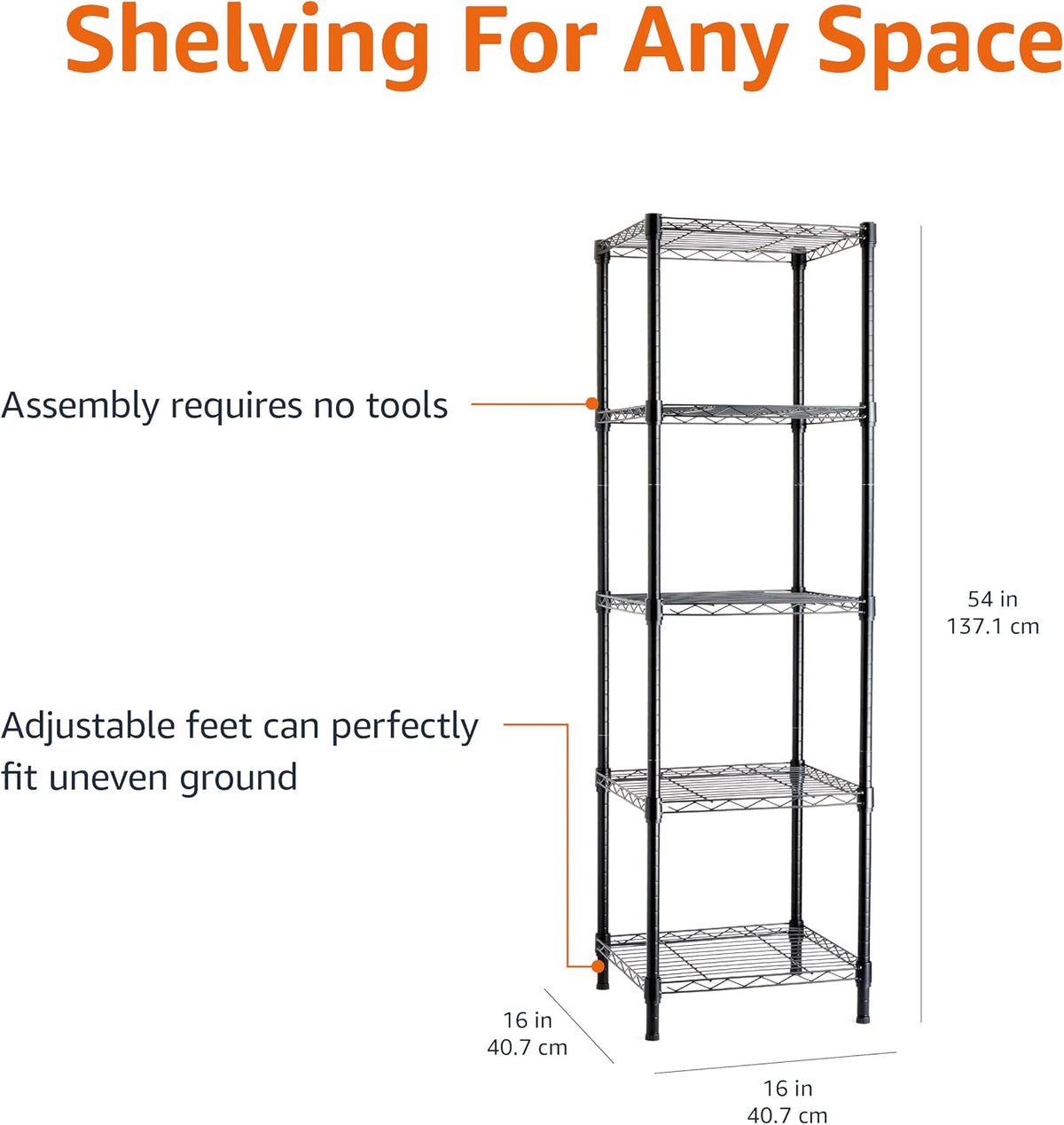 5-Shelf Adjustable Heavy Duty Steel Wire Rack, Space Saving Storage Shelving Organizer for Kitchen, Garage, No-Tool Assembly, 350 lbs Weight Capacity, 36" x 14" x 72", Chrome