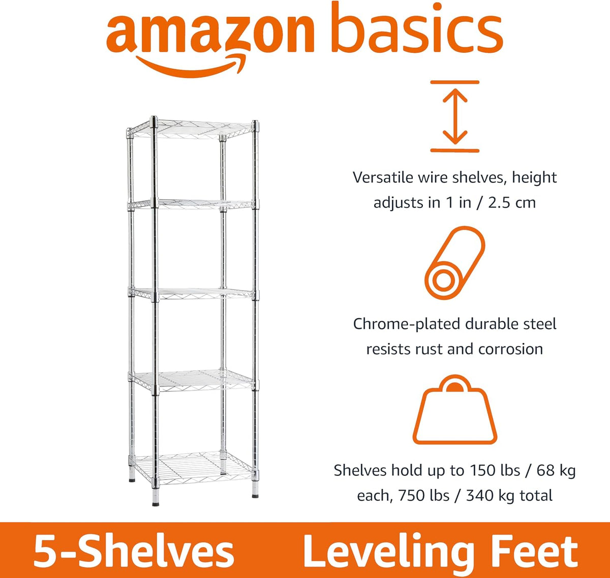 5-Shelf Adjustable Heavy Duty Steel Wire Rack, Space Saving Storage Shelving Organizer for Kitchen, Garage, No-Tool Assembly, 350 lbs Weight Capacity, 36" x 14" x 72", Chrome