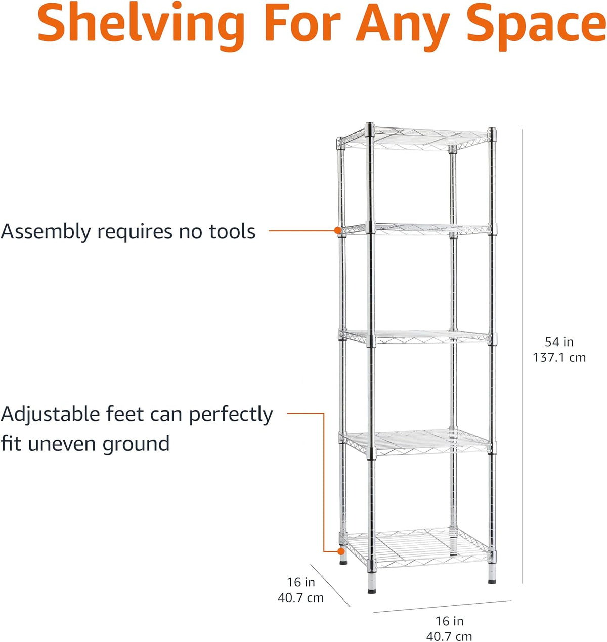 5-Shelf Adjustable Heavy Duty Steel Wire Rack, Space Saving Storage Shelving Organizer for Kitchen, Garage, No-Tool Assembly, 350 lbs Weight Capacity, 36" x 14" x 72", Chrome