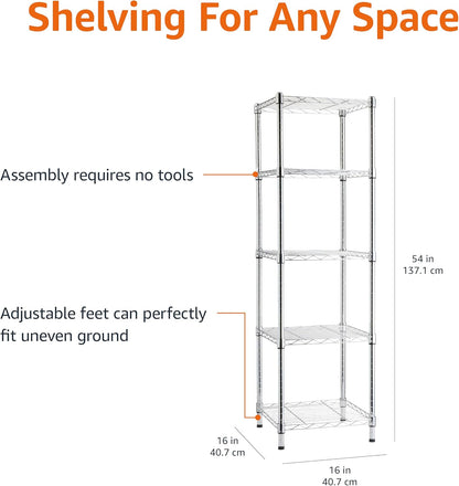 5-Shelf Adjustable Heavy Duty Steel Wire Rack, Space Saving Storage Shelving Organizer for Kitchen, Garage, No-Tool Assembly, 350 lbs Weight Capacity, 36" x 14" x 72", Chrome