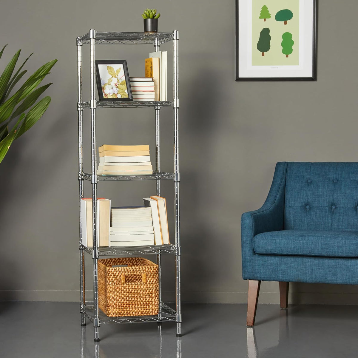 5-Shelf Adjustable Heavy Duty Steel Wire Rack, Space Saving Storage Shelving Organizer for Kitchen, Garage, No-Tool Assembly, 350 lbs Weight Capacity, 36" x 14" x 72", Chrome