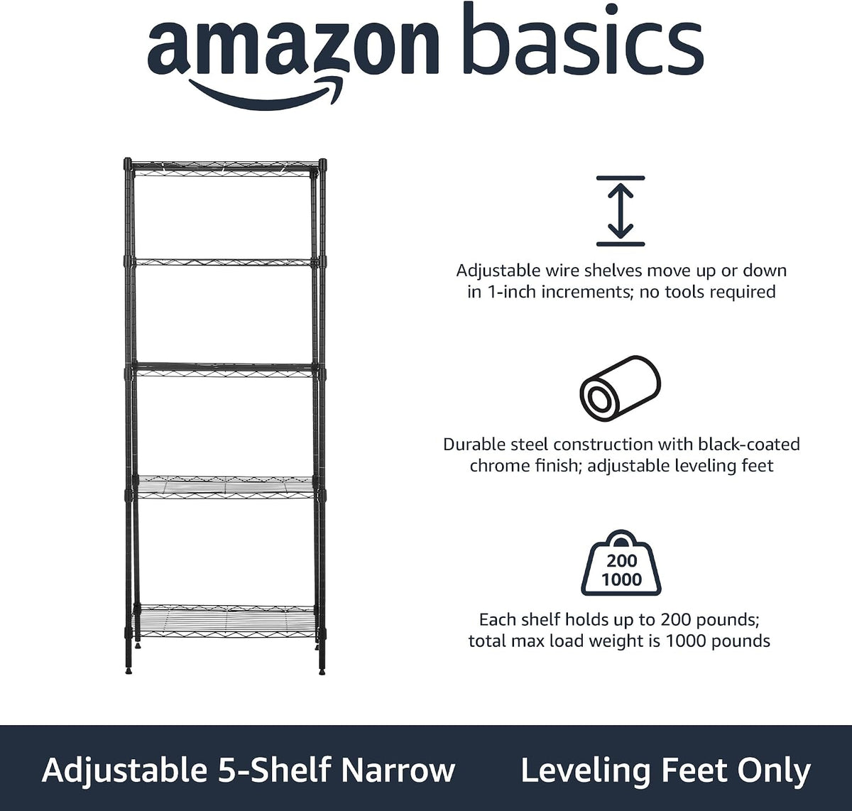 5-Shelf Adjustable Heavy Duty Steel Wire Rack, Space Saving Storage Shelving Organizer for Kitchen, Garage, No-Tool Assembly, 350 lbs Weight Capacity, 36" x 14" x 72", Chrome