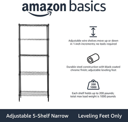 5-Shelf Adjustable Heavy Duty Steel Wire Rack, Space Saving Storage Shelving Organizer for Kitchen, Garage, No-Tool Assembly, 350 lbs Weight Capacity, 36" x 14" x 72", Chrome