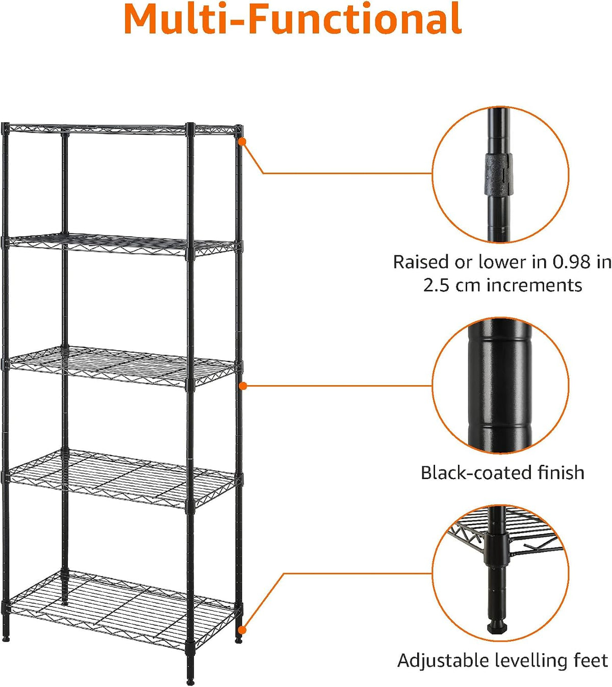 5-Shelf Adjustable Heavy Duty Steel Wire Rack, Space Saving Storage Shelving Organizer for Kitchen, Garage, No-Tool Assembly, 350 lbs Weight Capacity, 36" x 14" x 72", Chrome