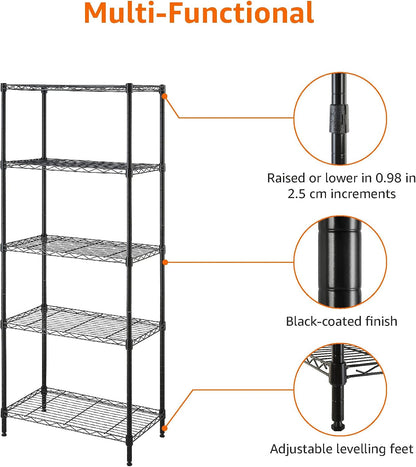 5-Shelf Adjustable Heavy Duty Steel Wire Rack, Space Saving Storage Shelving Organizer for Kitchen, Garage, No-Tool Assembly, 350 lbs Weight Capacity, 36" x 14" x 72", Chrome