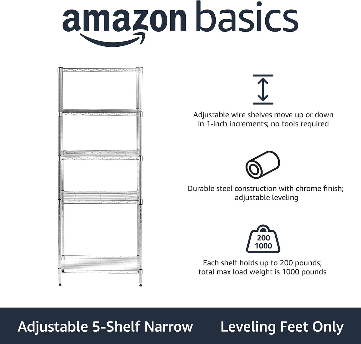 5-Shelf Adjustable Heavy Duty Steel Wire Rack, Space Saving Storage Shelving Organizer for Kitchen, Garage, No-Tool Assembly, 350 lbs Weight Capacity, 36" x 14" x 72", Chrome