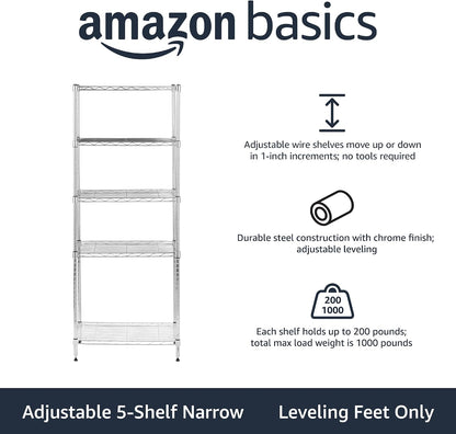 5-Shelf Adjustable Heavy Duty Steel Wire Rack, Space Saving Storage Shelving Organizer for Kitchen, Garage, No-Tool Assembly, 350 lbs Weight Capacity, 36" x 14" x 72", Chrome