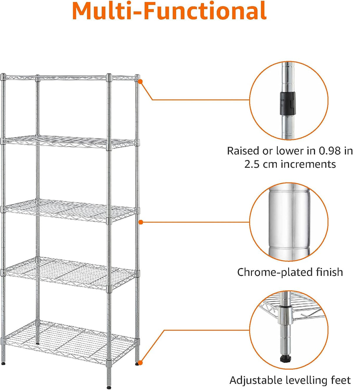 5-Shelf Adjustable Heavy Duty Steel Wire Rack, Space Saving Storage Shelving Organizer for Kitchen, Garage, No-Tool Assembly, 350 lbs Weight Capacity, 36" x 14" x 72", Chrome