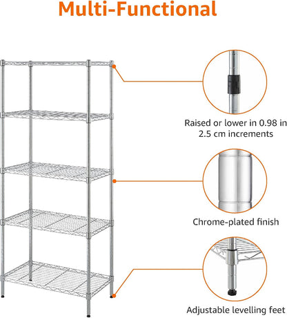 5-Shelf Adjustable Heavy Duty Steel Wire Rack, Space Saving Storage Shelving Organizer for Kitchen, Garage, No-Tool Assembly, 350 lbs Weight Capacity, 36" x 14" x 72", Chrome