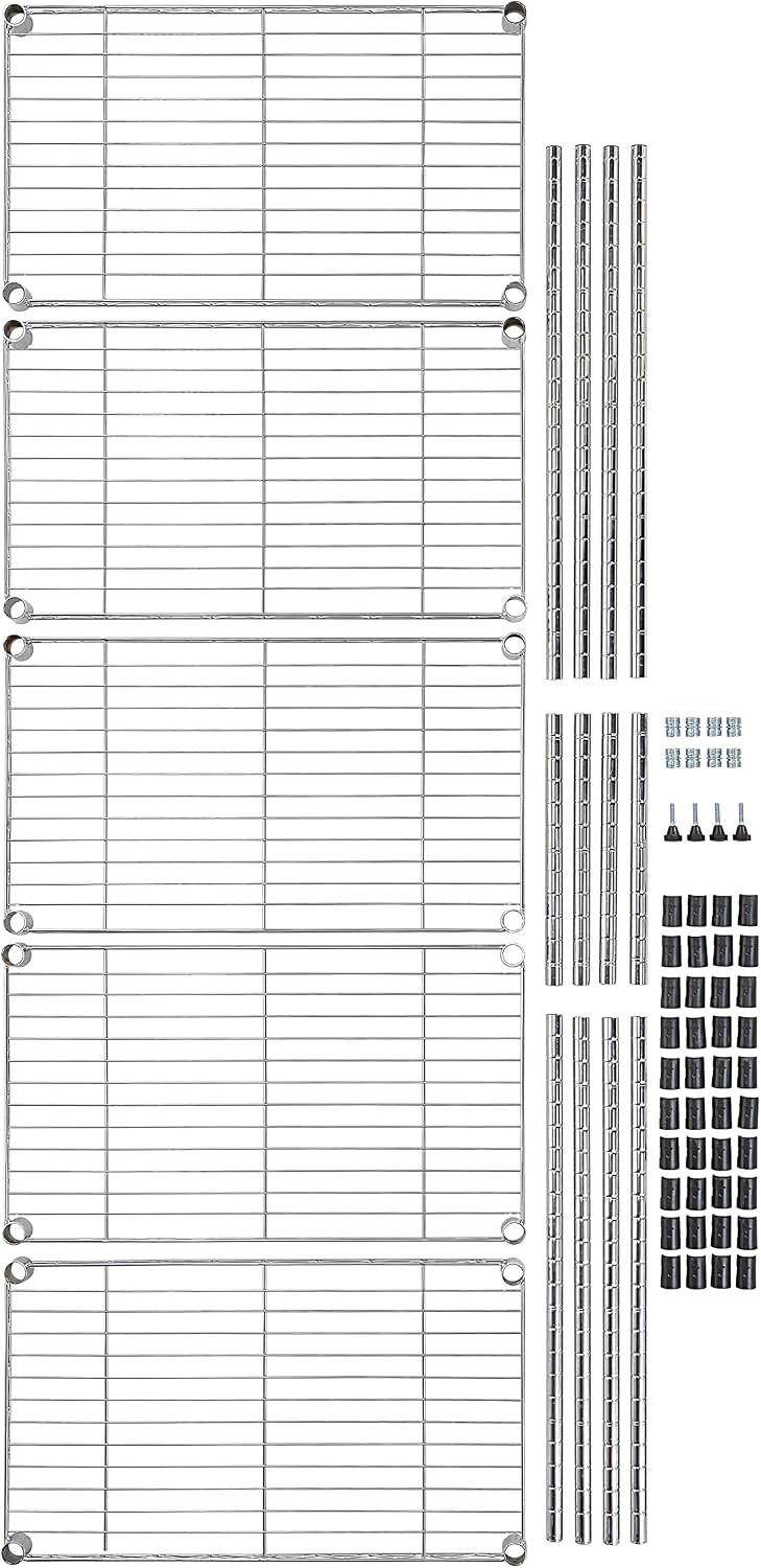 5-Shelf Adjustable Heavy Duty Steel Wire Rack, Space Saving Storage Shelving Organizer for Kitchen, Garage, No-Tool Assembly, 350 lbs Weight Capacity, 36" x 14" x 72", Chrome