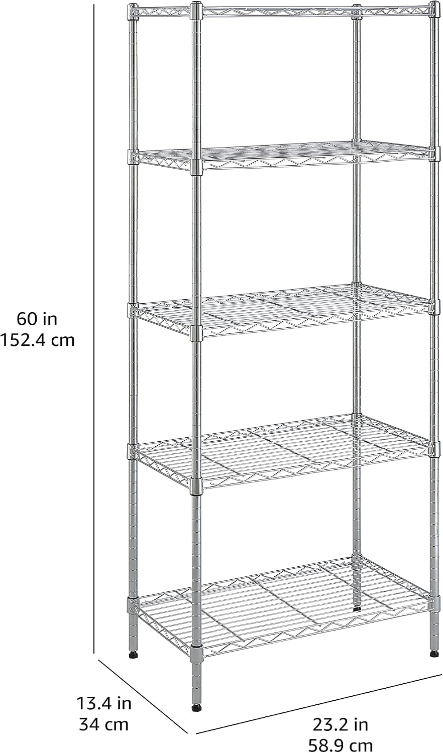 5-Shelf Adjustable Heavy Duty Steel Wire Rack, Space Saving Storage Shelving Organizer for Kitchen, Garage, No-Tool Assembly, 350 lbs Weight Capacity, 36" x 14" x 72", Chrome