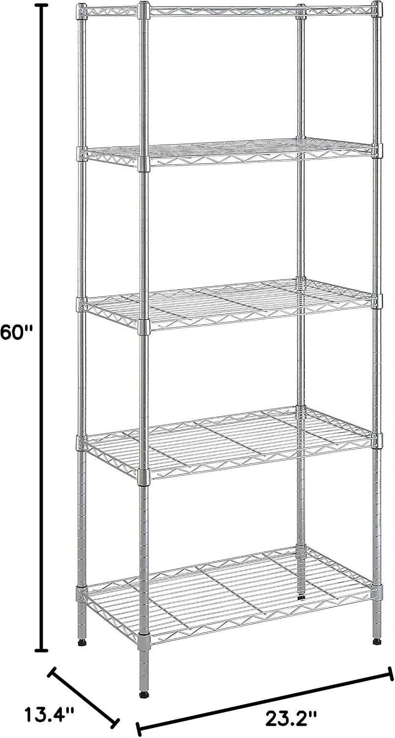 5-Shelf Adjustable Heavy Duty Steel Wire Rack, Space Saving Storage Shelving Organizer for Kitchen, Garage, No-Tool Assembly, 350 lbs Weight Capacity, 36" x 14" x 72", Chrome