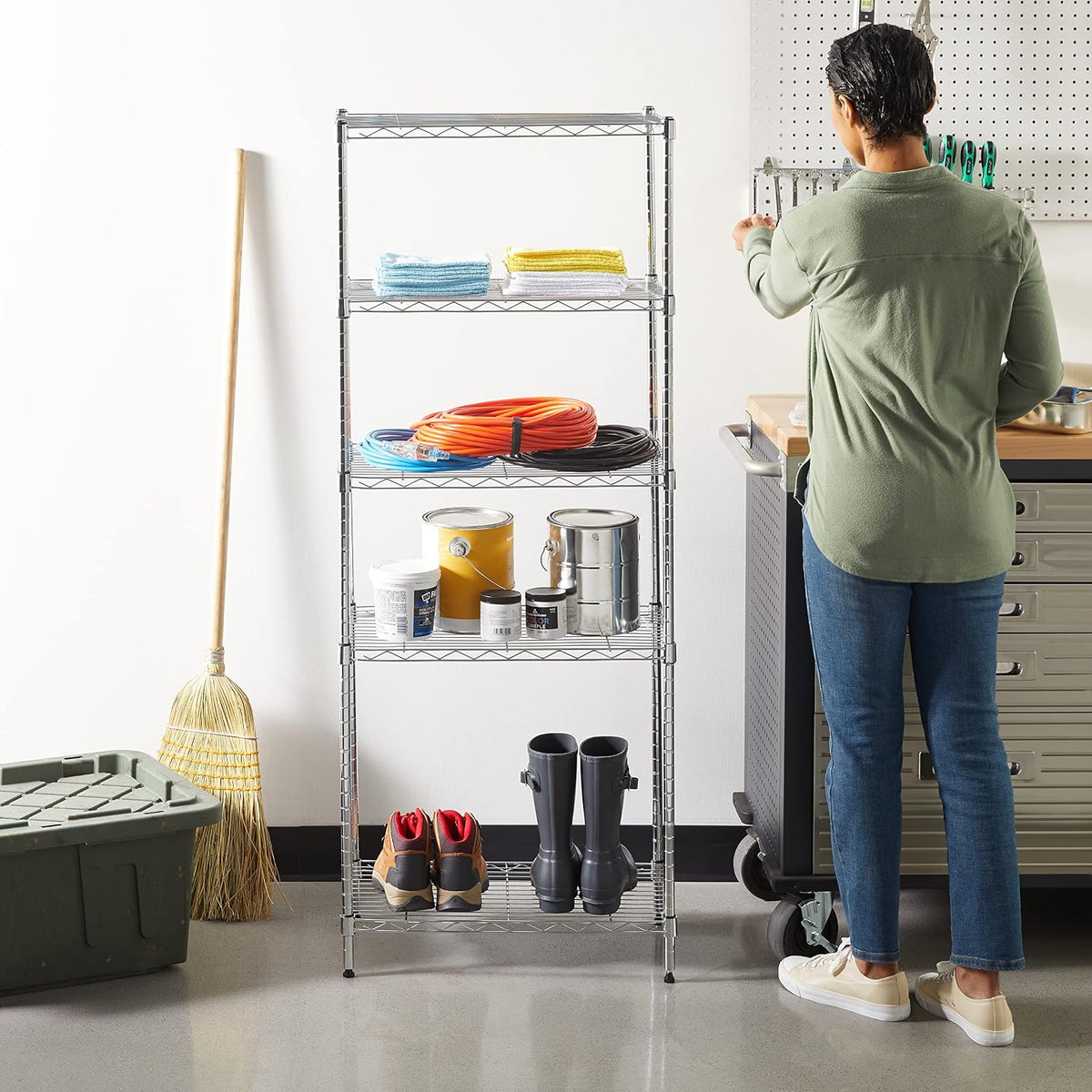 5-Shelf Adjustable Heavy Duty Steel Wire Rack, Space Saving Storage Shelving Organizer for Kitchen, Garage, No-Tool Assembly, 350 lbs Weight Capacity, 36" x 14" x 72", Chrome
