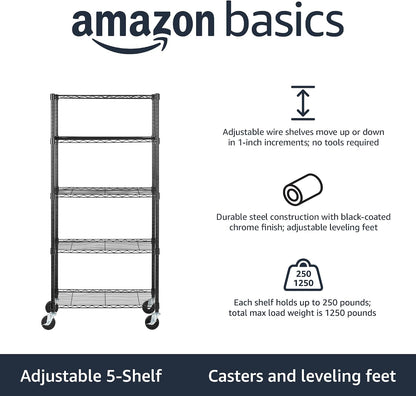 5-Shelf Adjustable Heavy Duty Steel Wire Rack, Space Saving Storage Shelving Organizer for Kitchen, Garage, No-Tool Assembly, 350 lbs Weight Capacity, 36" x 14" x 72", Chrome