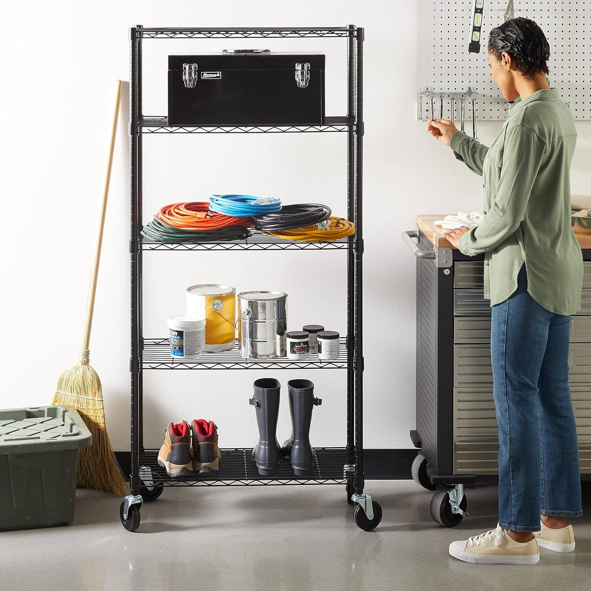 5-Shelf Adjustable Heavy Duty Steel Wire Rack, Space Saving Storage Shelving Organizer for Kitchen, Garage, No-Tool Assembly, 350 lbs Weight Capacity, 36" x 14" x 72", Chrome