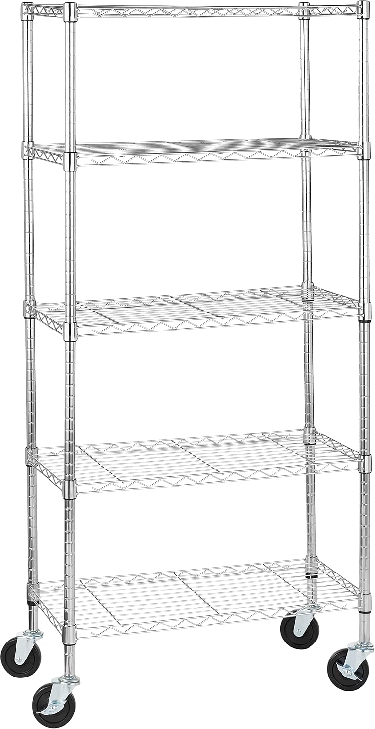 5-Shelf Adjustable Heavy Duty Steel Wire Rack, Space Saving Storage Shelving Organizer for Kitchen, Garage, No-Tool Assembly, 350 lbs Weight Capacity, 36" x 14" x 72", Chrome