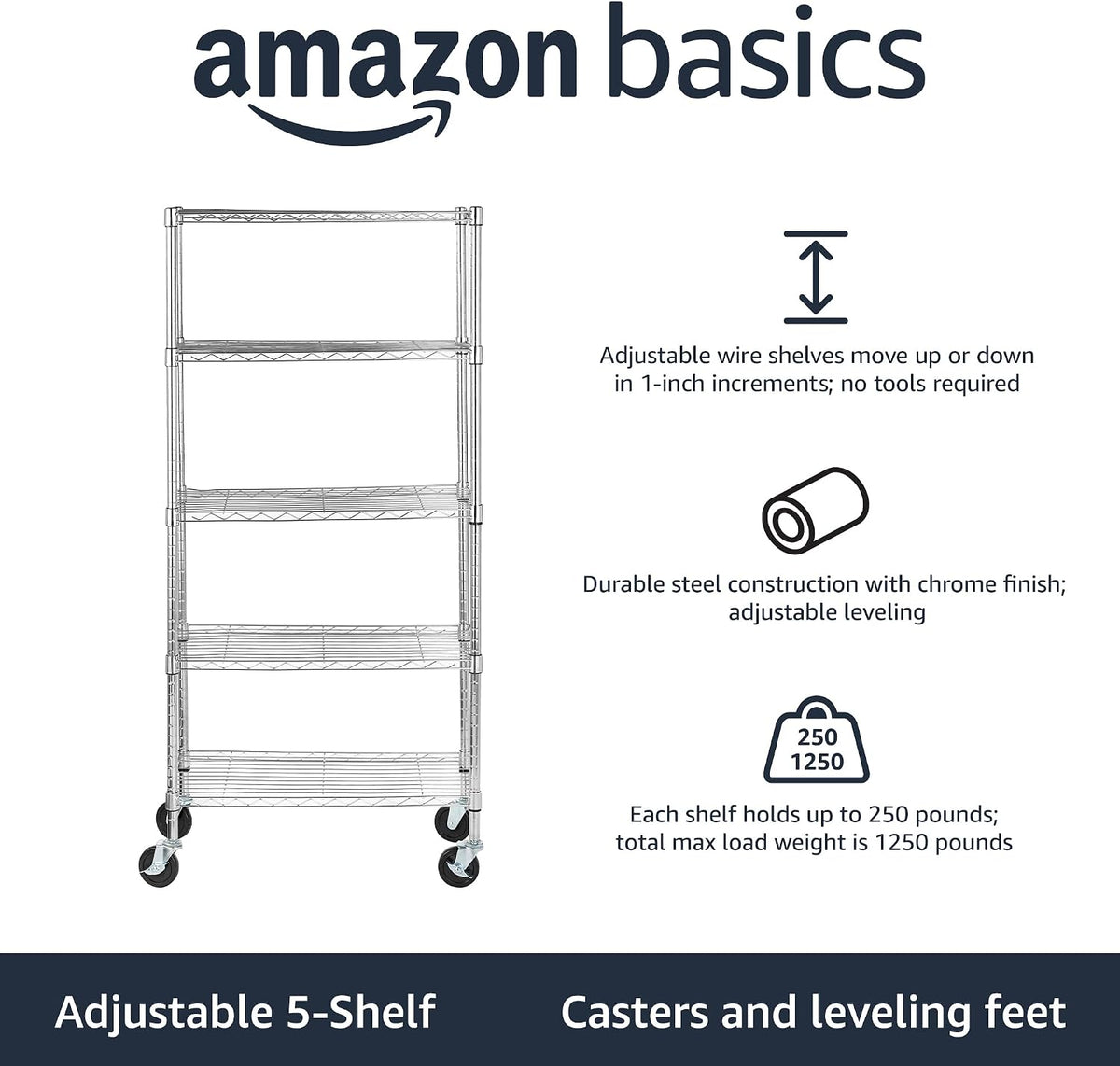 5-Shelf Adjustable Heavy Duty Steel Wire Rack, Space Saving Storage Shelving Organizer for Kitchen, Garage, No-Tool Assembly, 350 lbs Weight Capacity, 36" x 14" x 72", Chrome