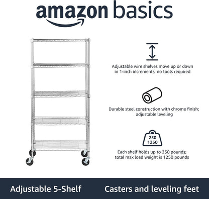 5-Shelf Adjustable Heavy Duty Steel Wire Rack, Space Saving Storage Shelving Organizer for Kitchen, Garage, No-Tool Assembly, 350 lbs Weight Capacity, 36" x 14" x 72", Chrome