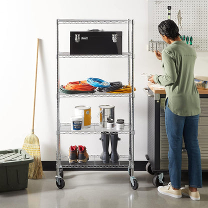 5-Shelf Adjustable Heavy Duty Steel Wire Rack, Space Saving Storage Shelving Organizer for Kitchen, Garage, No-Tool Assembly, 350 lbs Weight Capacity, 36" x 14" x 72", Chrome