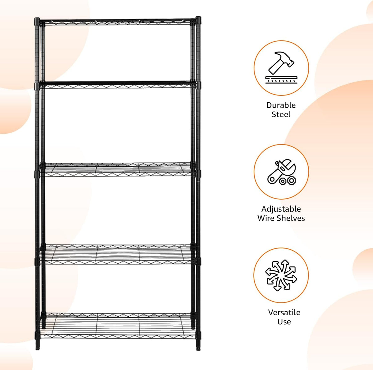 5-Shelf Adjustable Heavy Duty Steel Wire Rack, Space Saving Storage Shelving Organizer for Kitchen, Garage, No-Tool Assembly, 350 lbs Weight Capacity, 36" x 14" x 72", Chrome