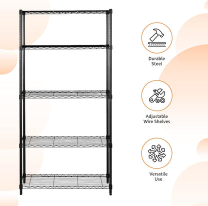 5-Shelf Adjustable Heavy Duty Steel Wire Rack, Space Saving Storage Shelving Organizer for Kitchen, Garage, No-Tool Assembly, 350 lbs Weight Capacity, 36" x 14" x 72", Chrome