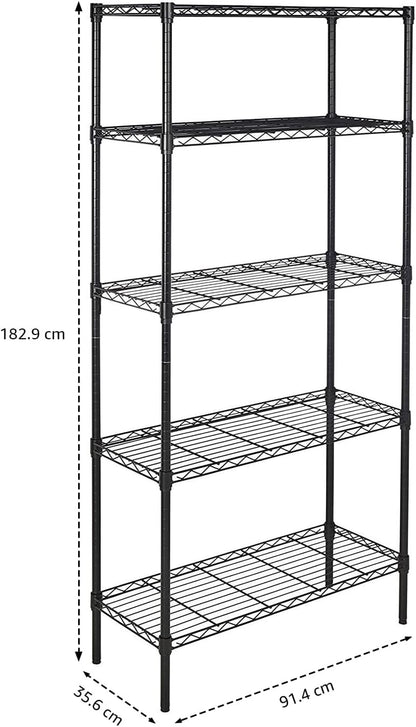 5-Shelf Adjustable Heavy Duty Steel Wire Rack, Space Saving Storage Shelving Organizer for Kitchen, Garage, No-Tool Assembly, 350 lbs Weight Capacity, 36" x 14" x 72", Chrome