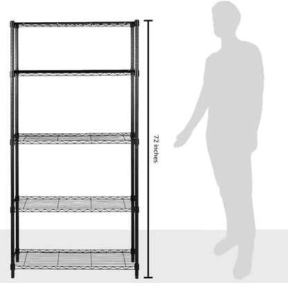 5-Shelf Adjustable Heavy Duty Steel Wire Rack, Space Saving Storage Shelving Organizer for Kitchen, Garage, No-Tool Assembly, 350 lbs Weight Capacity, 36" x 14" x 72", Chrome