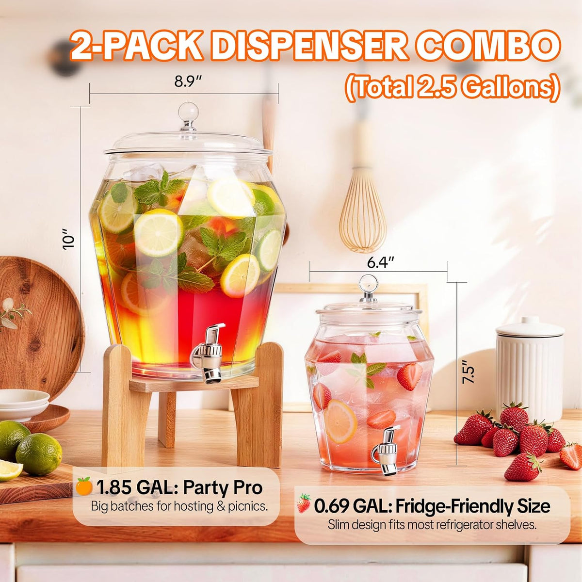 2 PCS Drink Dispenser Set, (1.85 & 0.69 Gal) 2.5 Gallon Capacity