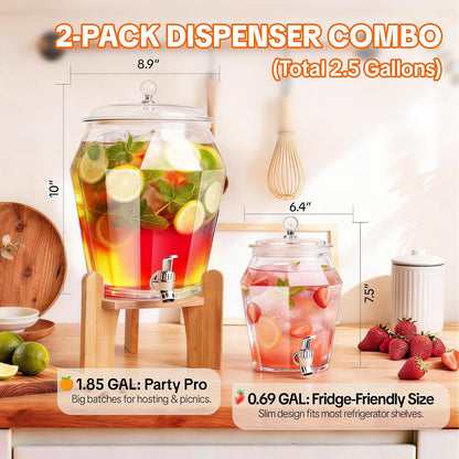 2 PCS Drink Dispenser Set, (1.85 & 0.69 Gal) 2.5 Gallon Capacity