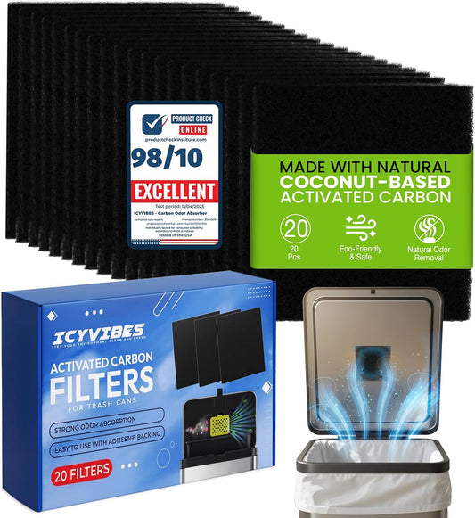 Premium 20 Pack Activated Carbon 3in1 Garbage Can Odor Absorber Filters for Kitchen Trashcan Coconut Charcoal Puck Deodorizer Pods Magic Step Compatible Replacements On The Go Trash Bag Air Freshener