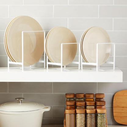 3-Piece Plate Organizer - Space-Saving Cabinet Storage & Dish Storage Rack - Plate Stand & Pot Lid Holder - Pack of 3, White, 1 Large & 2 Small