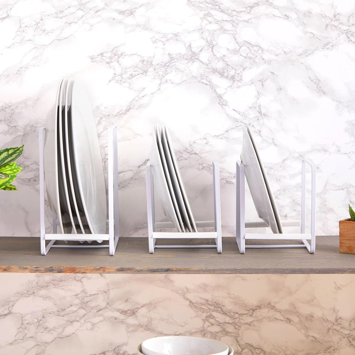 3-Piece Plate Organizer - Space-Saving Cabinet Storage & Dish Storage Rack - Plate Stand & Pot Lid Holder - Pack of 3, White, 1 Large & 2 Small