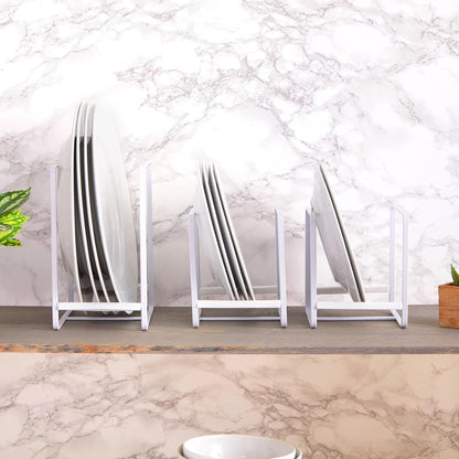 3-Piece Plate Organizer - Space-Saving Cabinet Storage & Dish Storage Rack - Plate Stand & Pot Lid Holder - Pack of 3, White, 1 Large & 2 Small