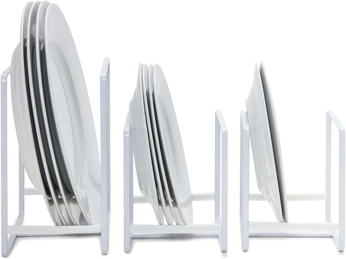 3-Piece Plate Organizer - Space-Saving Cabinet Storage & Dish Storage Rack - Plate Stand & Pot Lid Holder - Pack of 3, White, 1 Large & 2 Small