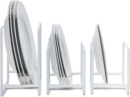 3-Piece Plate Organizer - Space-Saving Cabinet Storage & Dish Storage Rack - Plate Stand & Pot Lid Holder - Pack of 3, White, 1 Large & 2 Small