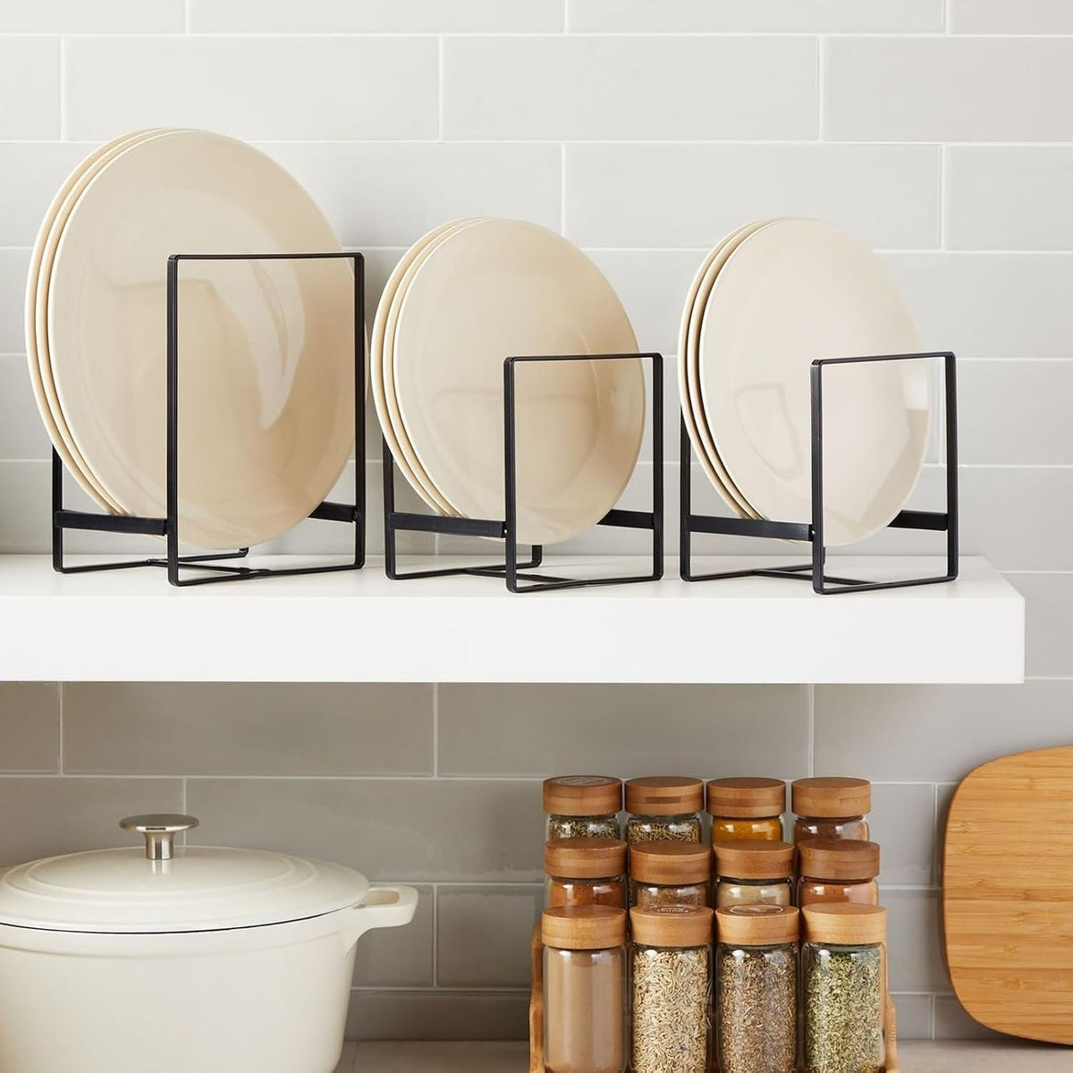 3-Piece Plate Organizer - Space-Saving Cabinet Storage & Dish Storage Rack - Plate Stand & Pot Lid Holder - Pack of 3, White, 1 Large & 2 Small