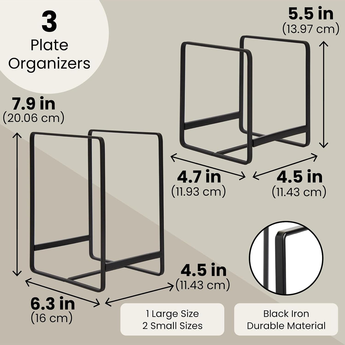3-Piece Plate Organizer - Space-Saving Cabinet Storage & Dish Storage Rack - Plate Stand & Pot Lid Holder - Pack of 3, White, 1 Large & 2 Small