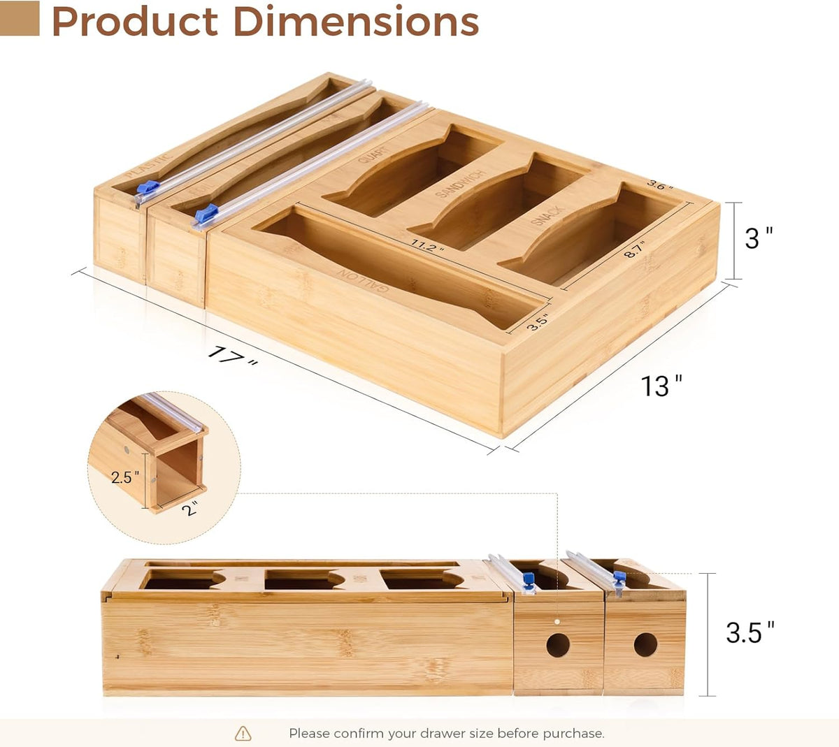 6 in 1 Storage Bag Organizer Kitchen Drawer, Bamboo Foil and Plastic Wrap Dispenser with Slider Cutter, Kitchen Bag Organizer for Quart, Gallon, Sandwich and Snack Bags