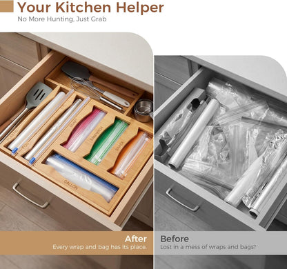 6 in 1 Storage Bag Organizer Kitchen Drawer, Bamboo Foil and Plastic Wrap Dispenser with Slider Cutter, Kitchen Bag Organizer for Quart, Gallon, Sandwich and Snack Bags