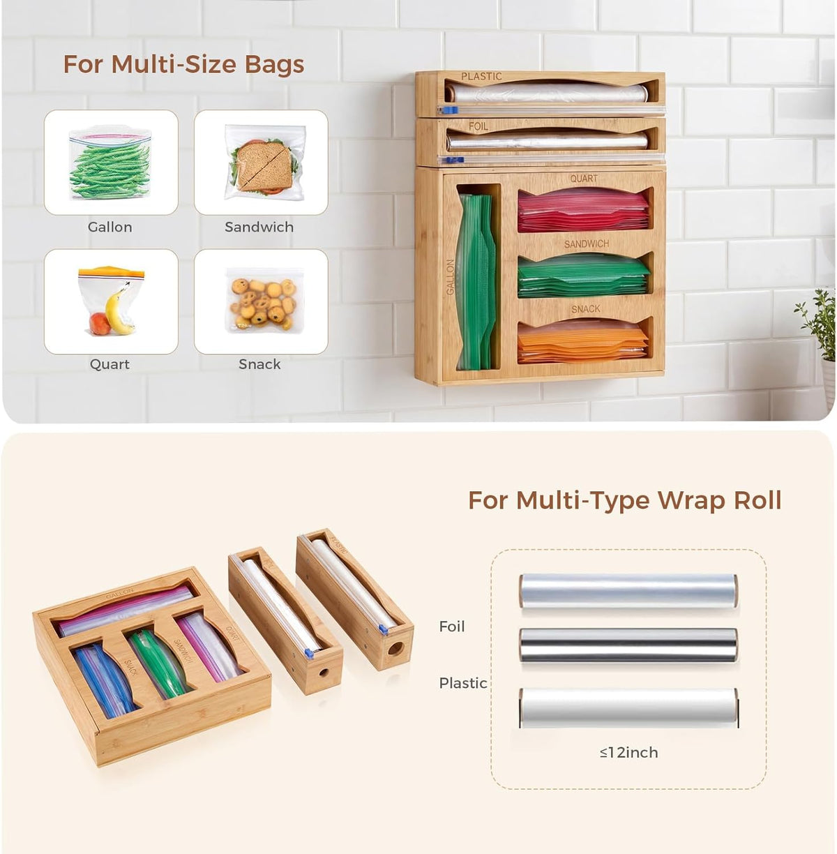 6 in 1 Storage Bag Organizer Kitchen Drawer, Bamboo Foil and Plastic Wrap Dispenser with Slider Cutter, Kitchen Bag Organizer for Quart, Gallon, Sandwich and Snack Bags